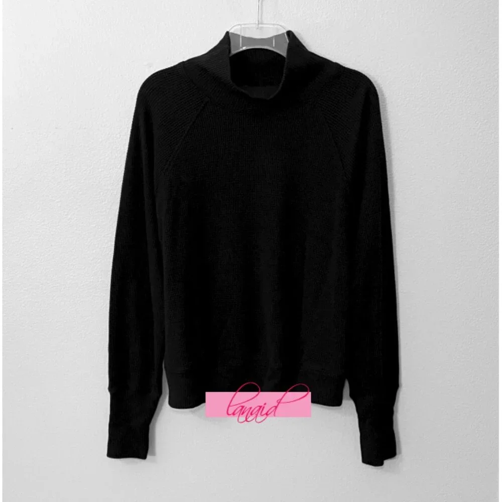 Alo Waffle Weekend Escape Mock Neck Long Sleeve Black Turtleneck Thermal Sweater